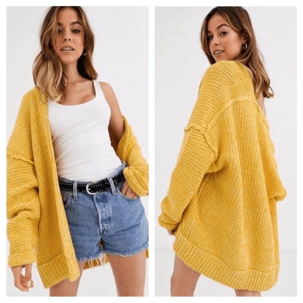 Free People High Hopes Cardi Sweater chunky knit oversized boxy yellow